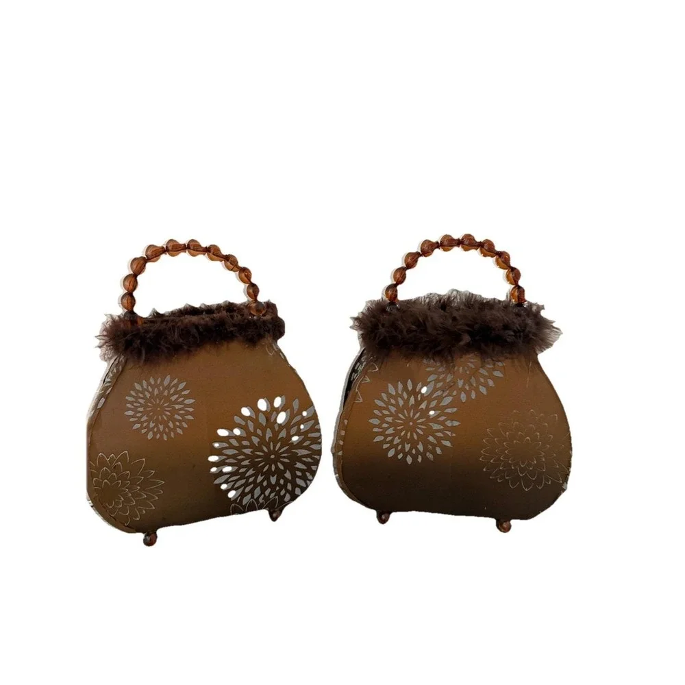 PURSE LAMP Pair Table Top Light Vintage Style NIGHT Brown Fuzzy Fur Art Deco